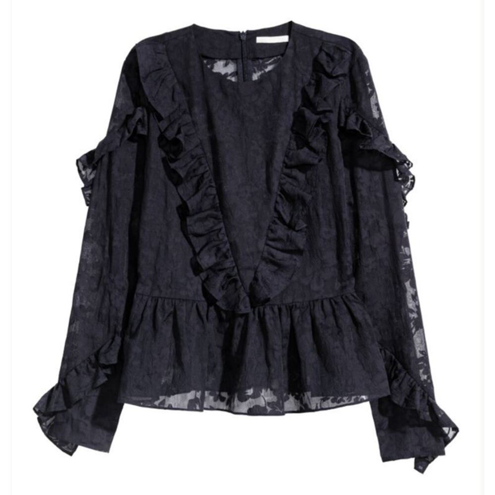 H&M Navy Blue Sheer Floral Ruffle Peplum Long Sleeve Shirt Top Womens Sz 4 - Picture 11 of 11